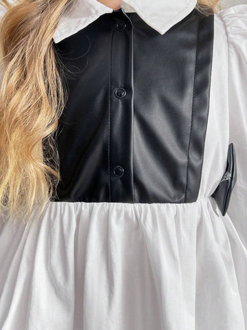 Young Girl Color Block Turndown Collar Gigot Sleeve Fitted Casual Dress