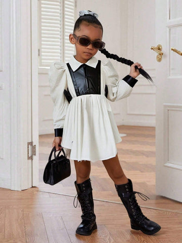 Young Girl Color Block Turndown Collar Gigot Sleeve Fitted Casual Dress