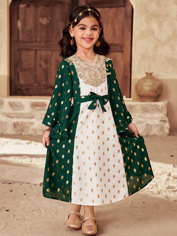 Young Girl Color Block V-Neck Fitted Woven Dress