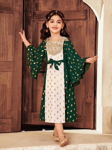 Young Girl Color Block V-Neck Fitted Woven Dress