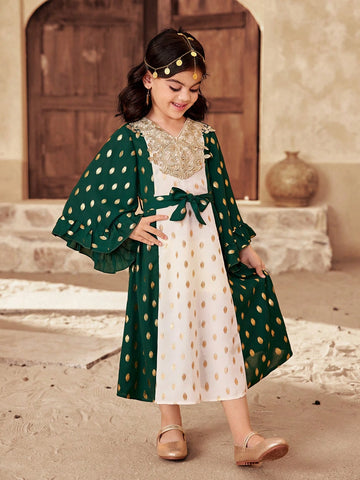 Young Girl Color Block V-Neck Fitted Woven Dress