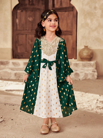 Young Girl Color Block V-Neck Fitted Woven Dress