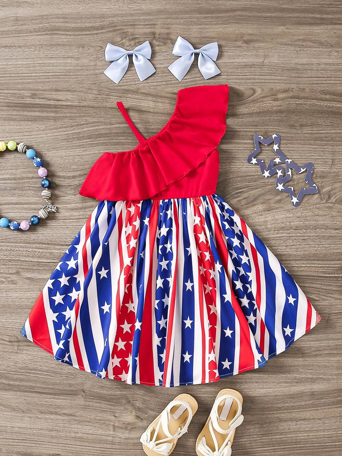 Young Girl Color Collision Shoulder Ruffle Starry Pattern Integrated Casual Dress