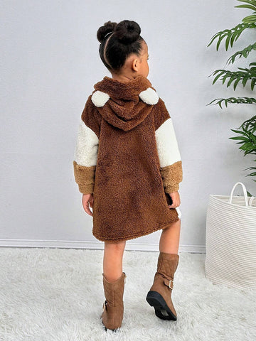 Young Girl Colorblock Hooded Loose Casual Knitted Dress