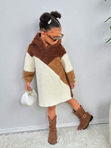 Young Girl Colorblock Hooded Loose Casual Knitted Dress