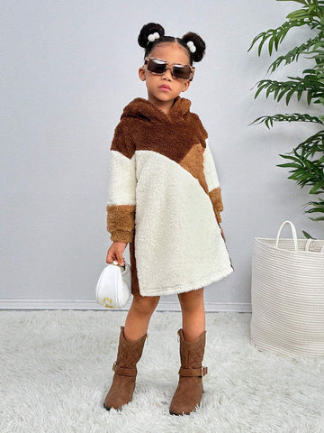 Young Girl Colorblock Hooded Loose Casual Knitted Dress