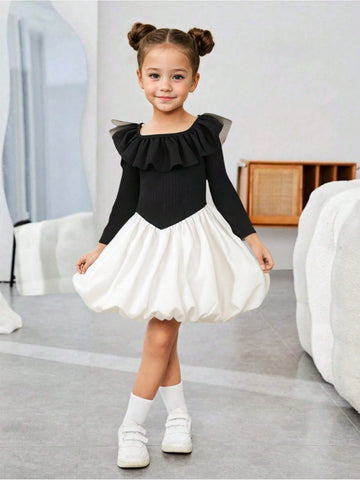 Young Girl Colorblock Long Sleeve Casual Simple Dress