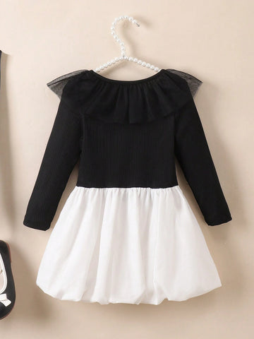 Young Girl Colorblock Long Sleeve Casual Simple Dress