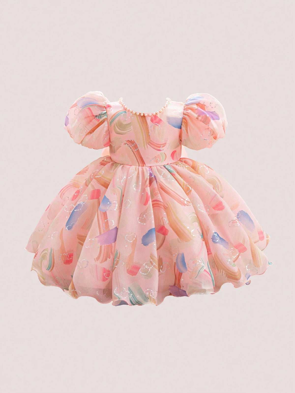Young Girl Colorblock Print Puff Sleeve Puffy Princess Party Dress