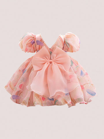 Young Girl Colorblock Print Puff Sleeve Puffy Princess Party Dress