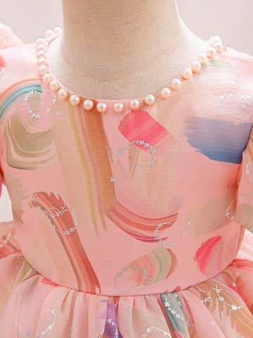 Young Girl Colorblock Print Puff Sleeve Puffy Princess Party Dress