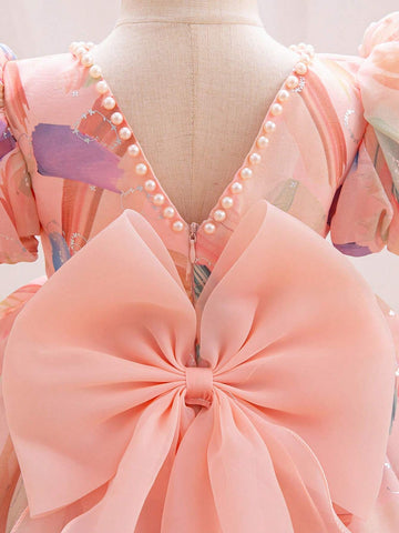 Young Girl Colorblock Print Puff Sleeve Puffy Princess Party Dress