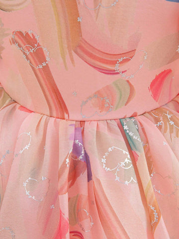 Young Girl Colorblock Print Puff Sleeve Puffy Princess Party Dress