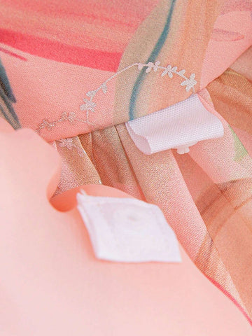 Young Girl Colorblock Print Puff Sleeve Puffy Princess Party Dress