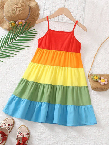 Young Girl Colorblock Ruffle Hem Cami Dress For Summer