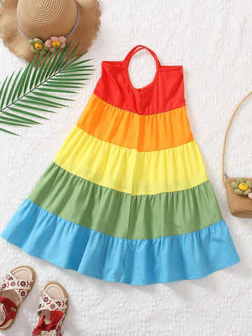 Young Girl Colorblock Ruffle Hem Cami Dress For Summer