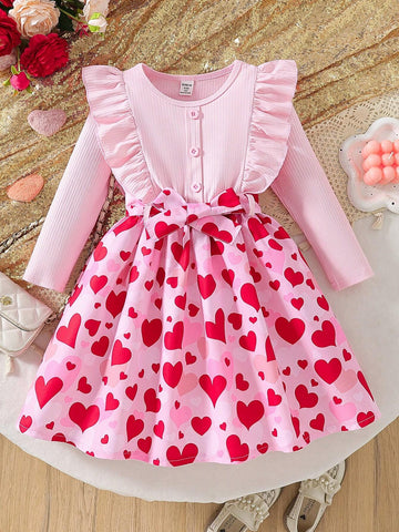 Young Girl Colorblock Ruffle Trim Heart Print Long Sleeve Adorable Dress, Autumn