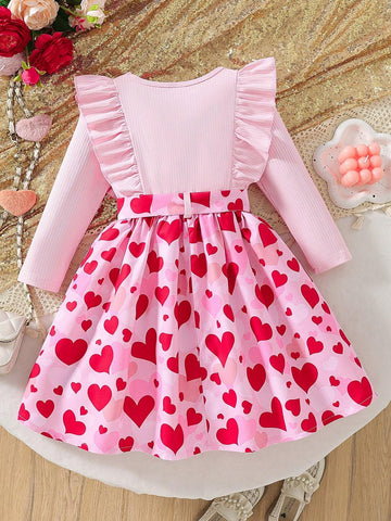 Young Girl Colorblock Ruffle Trim Heart Print Long Sleeve Adorable Dress, Autumn