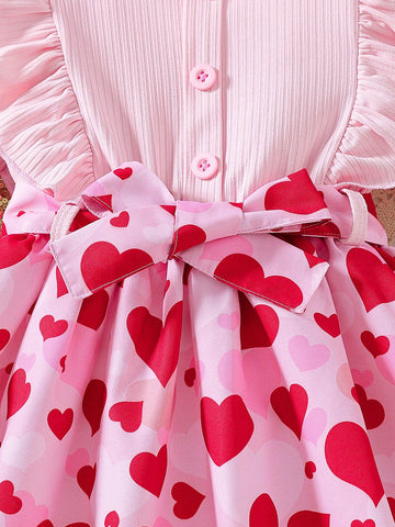 Young Girl Colorblock Ruffle Trim Heart Print Long Sleeve Adorable Dress, Autumn