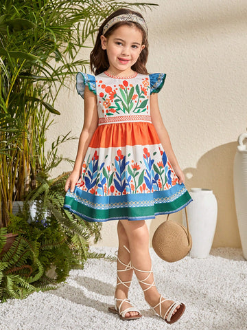 Young Girl Colorblock Striped & Floral Print Round Neck Casual Vacation Dress