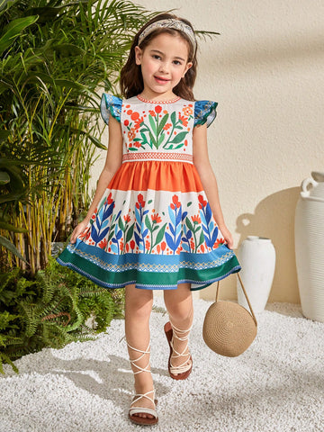 Young Girl Colorblock Striped & Floral Print Round Neck Casual Vacation Dress