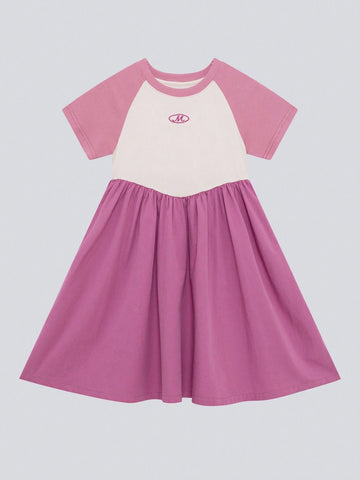 Young Girl Colorblock T-Shirt & Patchwork Dress Summer Princess Dress Outfit For Kids, 2024 New Arrival
