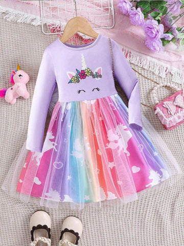 Young Girl Colored Printed Long Sleeve Mesh Dress, Fall&Spring
