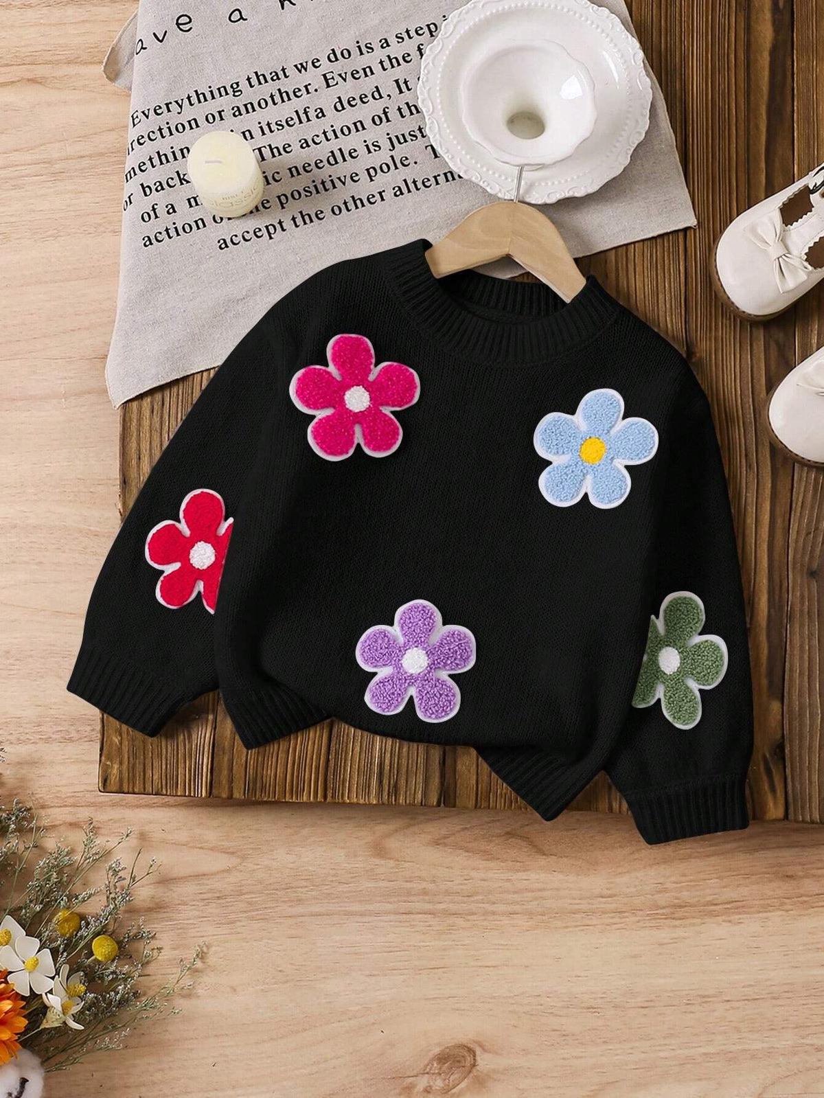 Young Girl Colorful 3D Floral Loose Casual Sweater