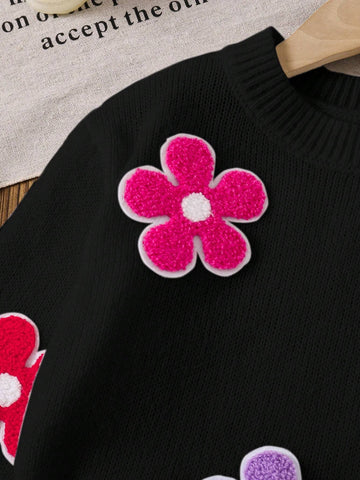 Young Girl Colorful 3D Floral Loose Casual Sweater