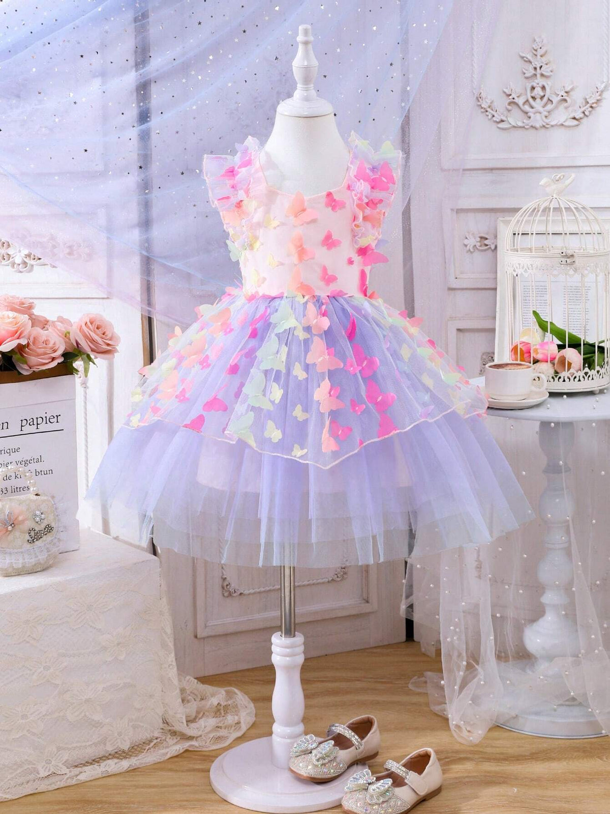 Young Girl Colorful Butterfly Applique Mesh Fluffy Dress For Summer