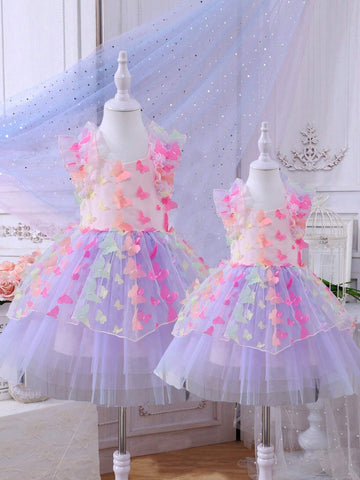 Young Girl Colorful Butterfly Applique Mesh Fluffy Dress For Summer