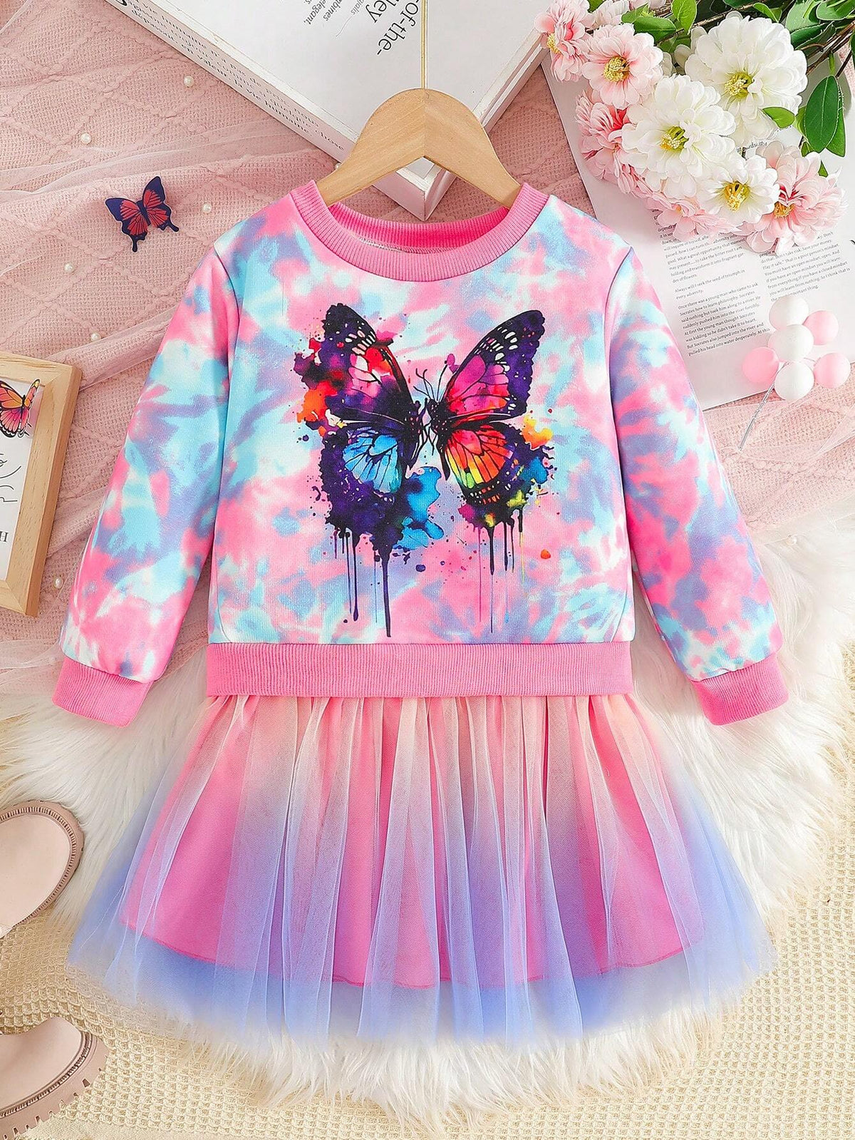 Young Girl Colorful Butterfly Print Bow Decor Sweet Mesh Dress