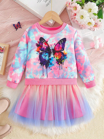 Young Girl Colorful Butterfly Print Bow Decor Sweet Mesh Dress