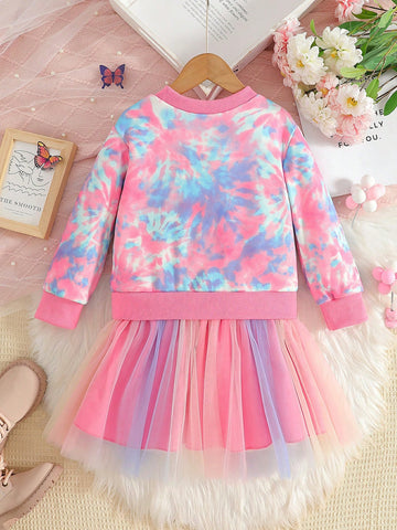 Young Girl Colorful Butterfly Print Bow Decor Sweet Mesh Dress