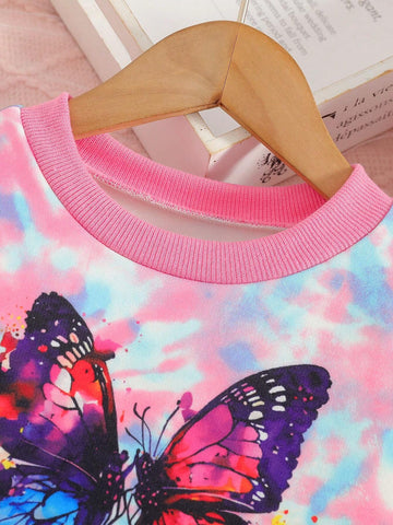 Young Girl Colorful Butterfly Print Bow Decor Sweet Mesh Dress
