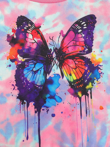 Young Girl Colorful Butterfly Print Bow Decor Sweet Mesh Dress