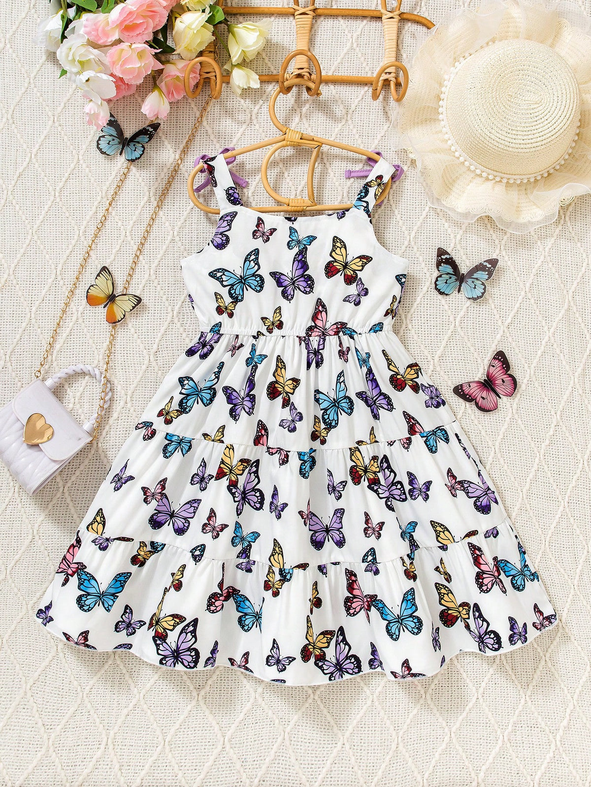 Young Girl Colorful Butterfly Print Cami Dress, Ethereal , Refreshing Forest-Style Vibe. Soft And Lightweight Fabric, Suitable For Summer