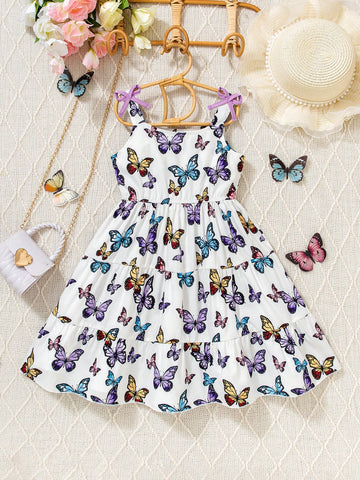 Young Girl Colorful Butterfly Print Cami Dress, Ethereal , Refreshing Forest-Style Vibe. Soft And Lightweight Fabric, Suitable For Summer