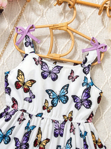 Young Girl Colorful Butterfly Print Cami Dress, Ethereal , Refreshing Forest-Style Vibe. Soft And Lightweight Fabric, Suitable For Summer