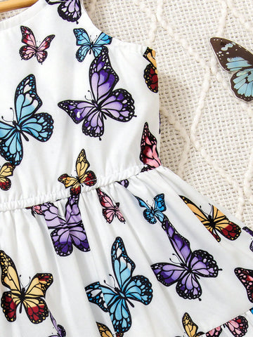 Young Girl Colorful Butterfly Print Cami Dress, Ethereal , Refreshing Forest-Style Vibe. Soft And Lightweight Fabric, Suitable For Summer