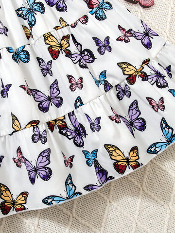 Young Girl Colorful Butterfly Print Cami Dress, Ethereal , Refreshing Forest-Style Vibe. Soft And Lightweight Fabric, Suitable For Summer