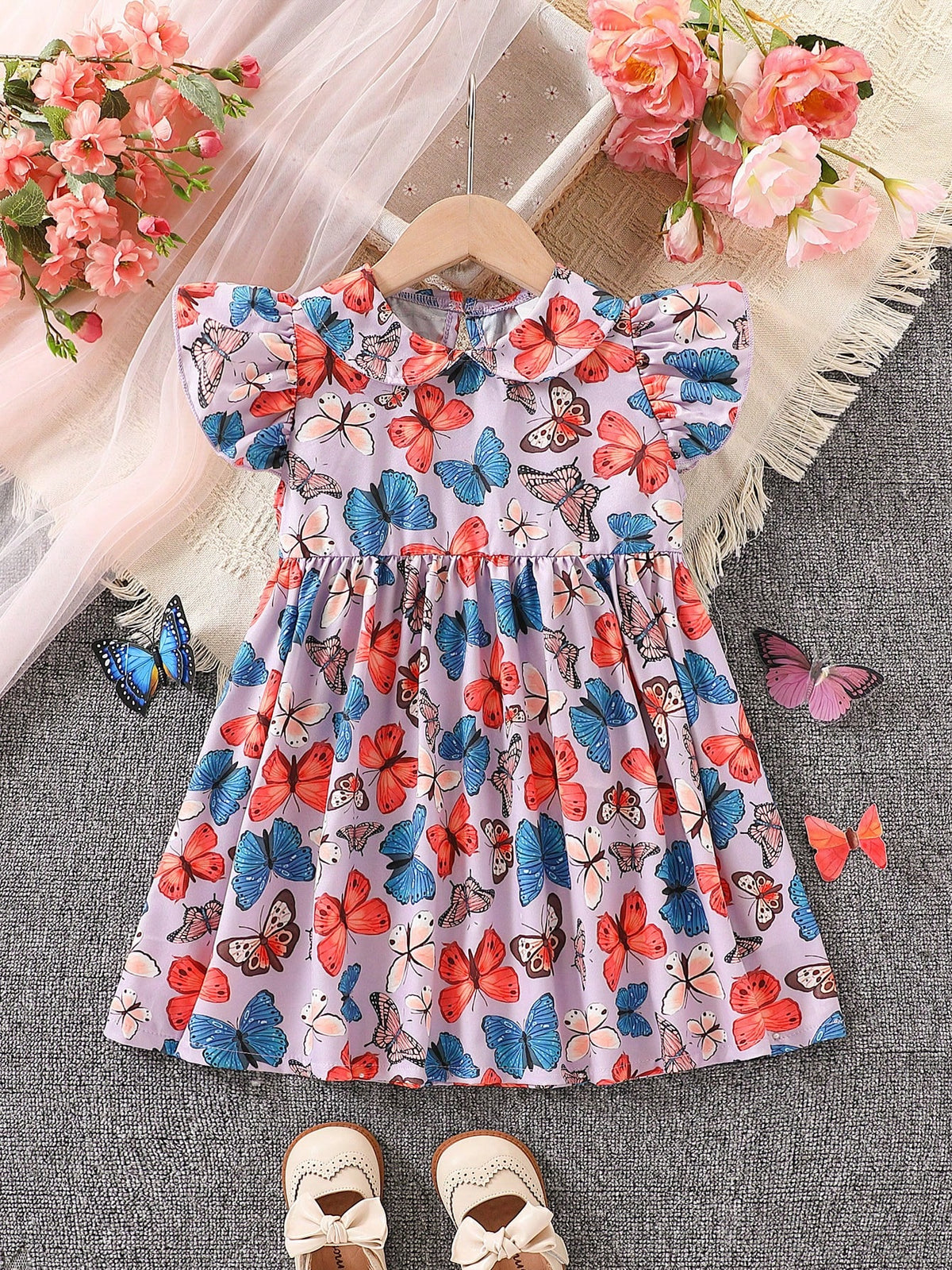 Young Girl' Colorful Butterfly Print Summer Dress, Fashionable & Sweet For Outdoor