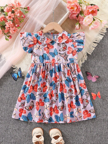Young Girl' Colorful Butterfly Print Summer Dress, Fashionable & Sweet For Outdoor
