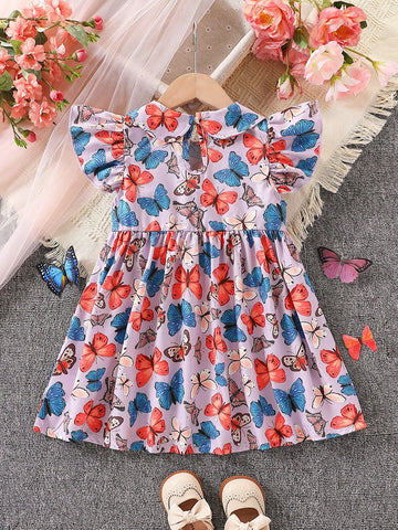 Young Girl' Colorful Butterfly Print Summer Dress, Fashionable & Sweet For Outdoor