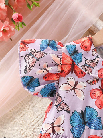 Young Girl' Colorful Butterfly Print Summer Dress, Fashionable & Sweet For Outdoor
