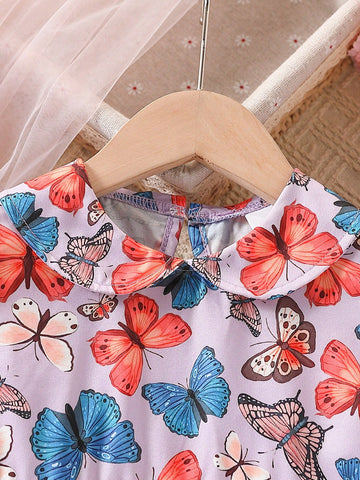 Young Girl' Colorful Butterfly Print Summer Dress, Fashionable & Sweet For Outdoor