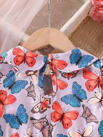 Young Girl' Colorful Butterfly Print Summer Dress, Fashionable & Sweet For Outdoor