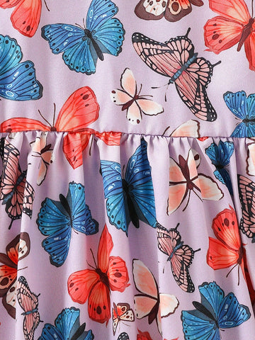 Young Girl' Colorful Butterfly Print Summer Dress, Fashionable & Sweet For Outdoor