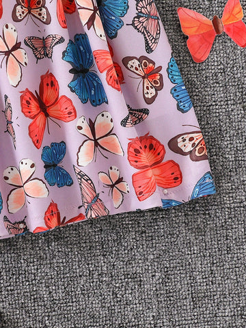 Young Girl' Colorful Butterfly Print Summer Dress, Fashionable & Sweet For Outdoor