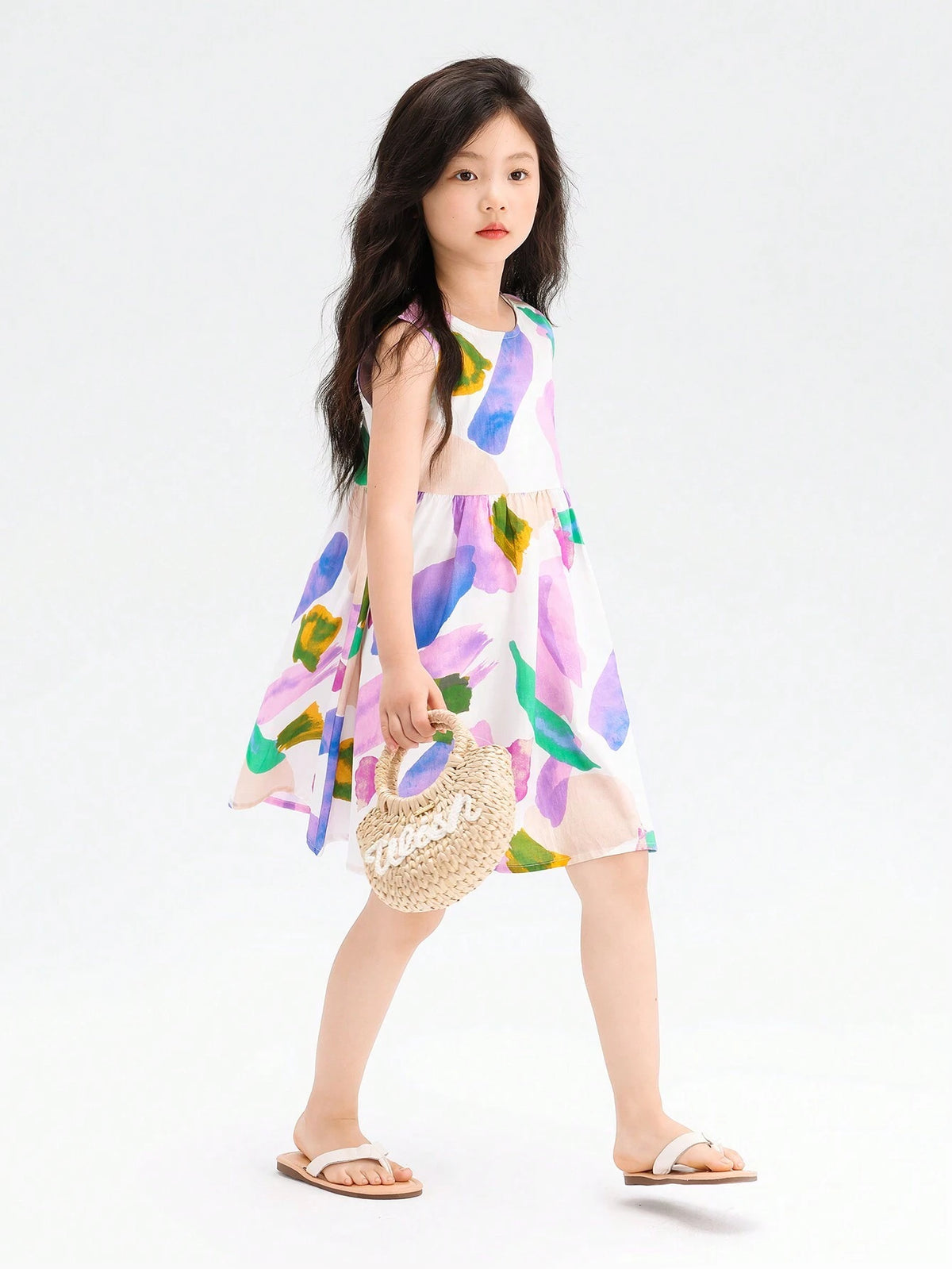 Young Girl Colorful Graffiti Cotton Dress, 2024 New Summer Beach Sundress For Girls